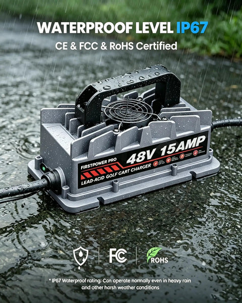 Top Shelf 48 Volt Golf Cart Charger 15 Amp With Knockout Three Pin Round Plug For Club Car Precedent DS on wet ground.