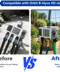 Comparison of garden hose setup before and after using Simple No-Fuss 4-Port Smart Hose Timer Wall Mount Kit For B-Hyve XD Holder.