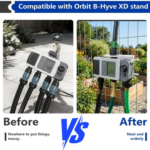 Comparison of garden hose setup before and after using Simple No-Fuss 4-Port Smart Hose Timer Wall Mount Kit For B-Hyve XD Holder.