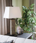 Rustic Slate Table Lamp With Real Slate Column, 29 Inch Tall Farmhouse Vibe on living room table with plants in background