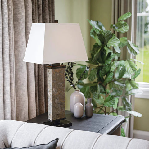 Rustic Slate Table Lamp With Real Slate Column, 29 Inch Tall Farmhouse Vibe on living room table with plants in background