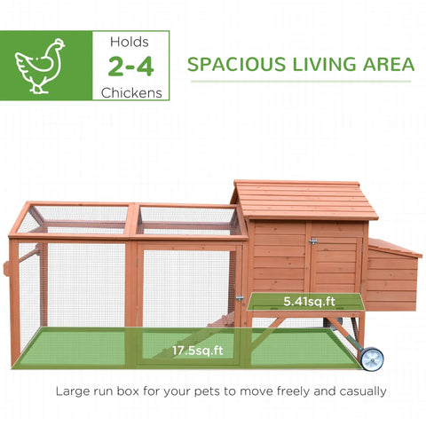 Side view of 96.5-Inch Wooden Chicken Coop With Portable Wheels, Hen House And Nesting Box, showing spacious living area and run.