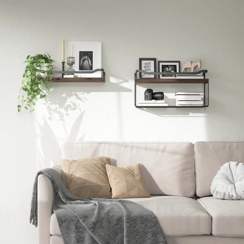 Floating Shelves With Wire Storage Basket Over Toilet Unit In Dark Brown Wood Wall Shelves above a sofa with decor items