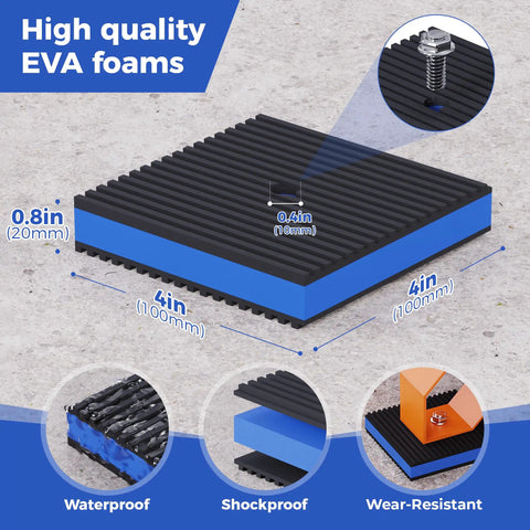 Heavy Duty Vibration Isolator Pads 4 By 4 By Seven Eighths Inch With 3 Eighth Inch Pre Drill Hole Rubber Noise Dampening Pads For Air Compressors And Machinery Vibration Reduction, showing high quality EVA foam with waterproof, shockproof, and wear-resistant features.