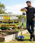 Man with Cordless Garden Tiller No Cord Hassle That Uses Your 20V Battery 330 RPM With 48 Steel Tines in a garden