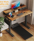 Sit Stand Desk With 40 Inch Work Surface And Adjustable Height From 28 To 46 Inches Quiet Motor Storage Drawers Monitor Shelf Ideal For Home Office Or Bedroom Rustic Brown Finish Perfect For Kids Desks