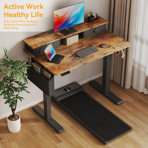 Sit Stand Desk With 40 Inch Work Surface And Adjustable Height From 28 To 46 Inches Quiet Motor Storage Drawers Monitor Shelf Ideal For Home Office Or Bedroom Rustic Brown Finish Perfect For Kids Desks