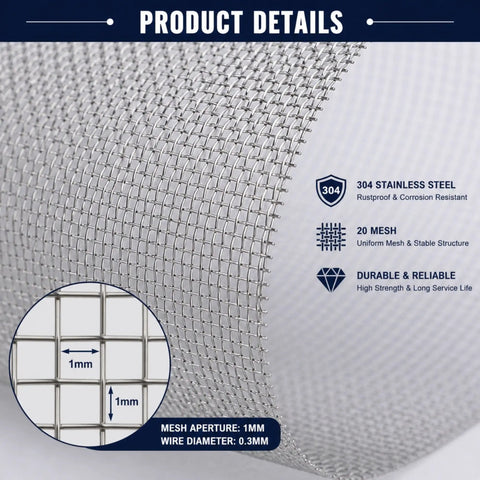 Close-up of Stainless Steel 304 Wire Mesh Screen Roll Fifteen Point Five Inches by Ten Feet Built To Last Heavy Duty Durable Rust Resistant