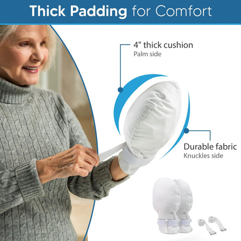 Double Security Mitts For Hand Restraint In Healthcare With Extra Padding For Comfort And Protection in use by elderly patient.