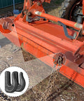 Image showing 6-Pack Three Eighths Inch Weld-On Forged Clevis Grab Chain Hooks Set Heavy Duty Grade 70 installed on tractor bucket.