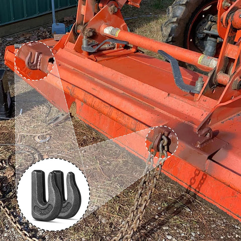 Image showing 6-Pack Three Eighths Inch Weld-On Forged Clevis Grab Chain Hooks Set Heavy Duty Grade 70 installed on tractor bucket.