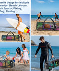 Diving Mesh Duffel Bag Large Capacity With Quick Dry Ventilation on beach with surfboard and gear compartments visible.