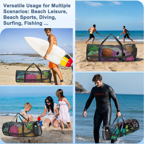 Diving Mesh Duffel Bag Large Capacity With Quick Dry Ventilation on beach with surfboard and gear compartments visible.