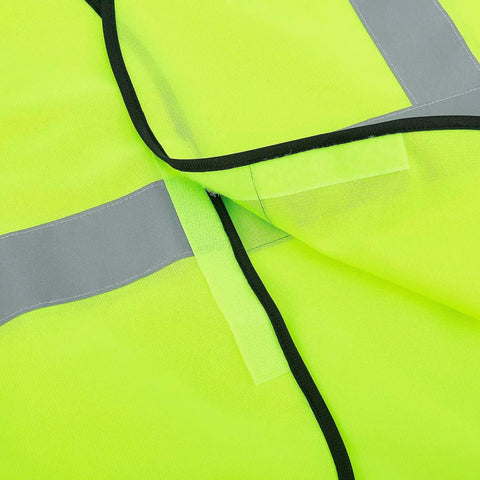 Close-up of Built Dang Tough Class Two High Vis Safety Vest in True Lime Polyester with silver reflective tape and hook closure.