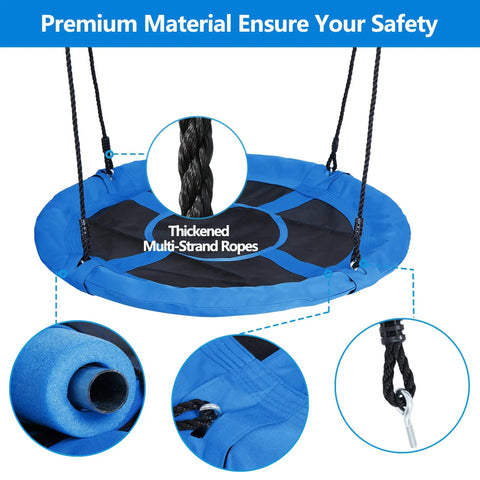 40 Inch Flying Saucer Tree Swing for Backyard Fun showing durable steel frame, waterproof blue Textilene fabric, and thick ropes