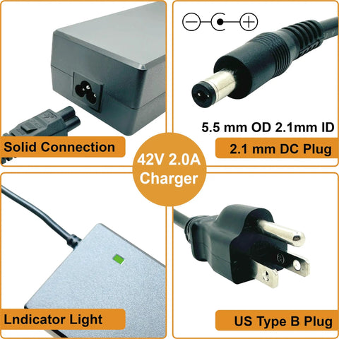 42V 2A Battery Charger For E Bike And Scooter, No Fuss 100 To 240VAC Input, OVP OCP SCP Protection, Red Green Charge Indicator, DC 2.1mm Connector, 5.5 By 2.1 Mm, Perfect For 36V Lithium Packs Including Pocket Mod And Sports Mod