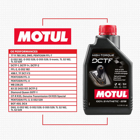 High Torque Dual Clutch Transmission Fluid DCTF For Street And Race Gearboxes Delivers Smooth Power Transfer And Quick Cold Start Maintains Consistent Viscosity At Extreme Temperatures Protects High Horsepower Gearboxes In One Liter. 1L MOTUL bottle