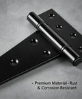 Close-up of 6 Inch T Strap Gate Hinges 2 Pack Black Powder Coated Steel Tee Hinge Hardware Rust Resistant Heavy Duty design.
