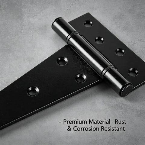 Close-up of 6 Inch T Strap Gate Hinges 2 Pack Black Powder Coated Steel Tee Hinge Hardware Rust Resistant Heavy Duty design.
