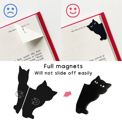 Six Pack Cute Cat Magnetic Bookmarks Clip Set for Readers and Students comparison of magnetic hold in black style.