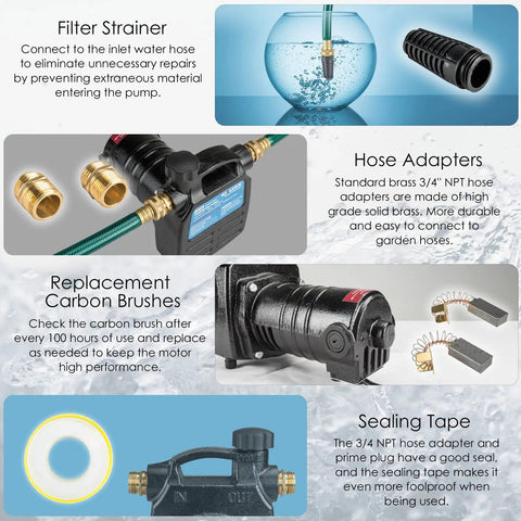 Components of the KITLUCK 120V 1/2 HP 1500GPH Cast Iron Water Transfer Pump, including hose adapters and sealing tape.