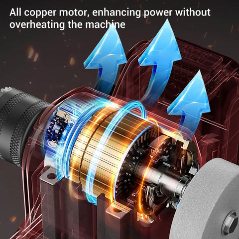 Fafeicy Cordless Mini Sander And Polisher With 6 Gears And 100 Watt Pure Copper Motor showing internal copper motor design for efficient cooling.