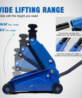 Beefy 2.5 Ton Mini Hydraulic Floor Jack with 4.13 to 17 Inch lift showing adjustable height range and handle connection.