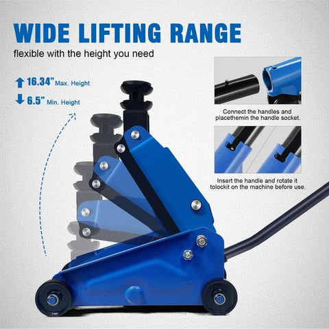 Beefy 2.5 Ton Mini Hydraulic Floor Jack with 4.13 to 17 Inch lift showing adjustable height range and handle connection.