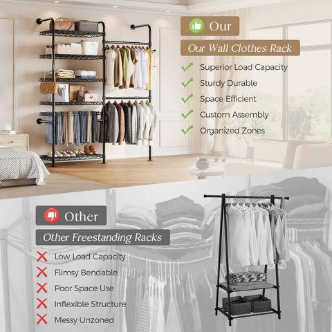 Ultimate Wall Mounted Closet Organizer Game Changer With Hefty Industrial Pipe Build showcasing organized clothes and shelves.