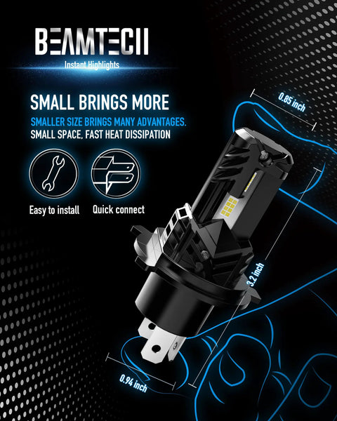 Straight Shot Plug And Play H4 9003 Fog Light Bulbs showcasing dimensions, easy install features, and compact design.