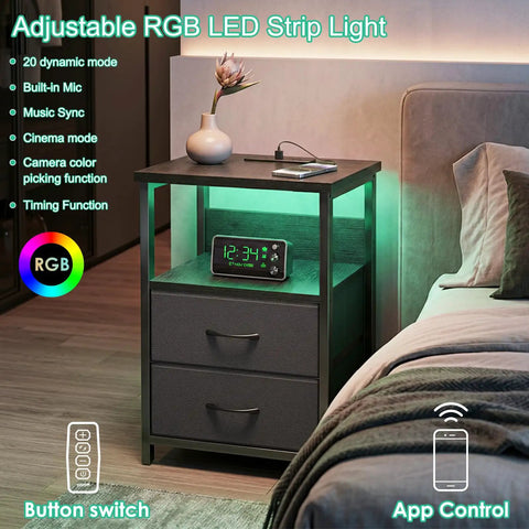 LED Nightstand With Charging Station, USB Ports And Outlets, Dope RGB Color Changing LED Night Light, Modern Black Finish by bed