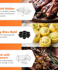 Metal holder, egg bites mold, and rack with skewers from Dual Basket Air Fryer Accessories Set Of 10 For Dual Zone 8 Quart And Larger Fryers DZ201 DZ401.