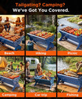 Collage showing a Portable Camping Grill And Fire Pit Foldable 2 In 1 Charcoal Wood Gas BBQ With Carry Bag in various outdoor settings.