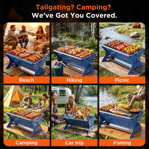 Collage showing a Portable Camping Grill And Fire Pit Foldable 2 In 1 Charcoal Wood Gas BBQ With Carry Bag in various outdoor settings.