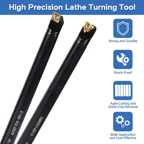 Pro Grade Carbide Lathe Tool Set with Seven Boring Bars and Fourteen Indexable Inserts, close-up of two bars with gold inserts