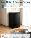 3.2 Cu Ft Upright Mini Freezer Delivers Hardcore Fast Freeze Power With Three Level Thermostat, sleek black design in cozy living space.
