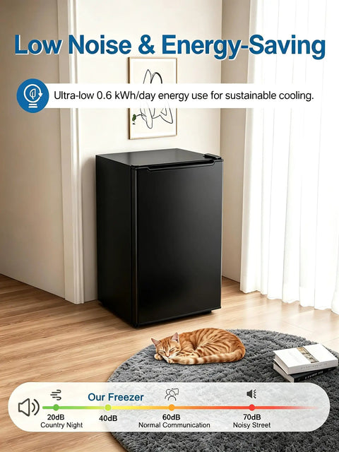 3.2 Cu Ft Upright Mini Freezer Delivers Hardcore Fast Freeze Power With Three Level Thermostat, sleek black design in cozy living space.