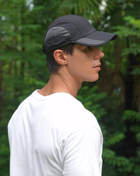 Man wearing Cooling Outdoor Running Hat For Men And Women With Quick Dry Breathable Mesh And UPF50 Sun Protection Trucker Ball Cap.