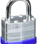 Metal laminated padlock with blue base, secured shackle. Suitable for securing lockers, storage units, and outdoor gates.