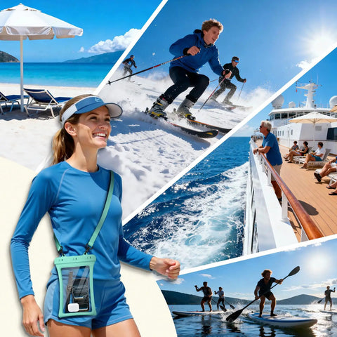 Floatable Waterproof Phone Pouch 2 Pack Up To 10.0 Inch Black And Green Case With IPX8 Seal Snap Lock at beach, ski, cruise, paddleboarding