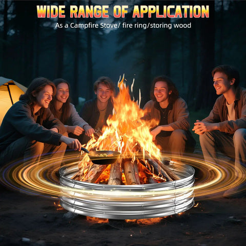 Group around 60 Inch Fire Pit Ring Heavy Duty Galvanized Steel For Outdoor Wood Burning Pits With Spark Guard at night campsite