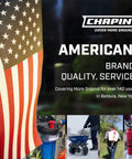 American flag with Chapin logo and product photos; focus on US brand quality and service, Batavia, NY.