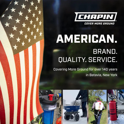 American flag with Chapin logo and product photos; focus on US brand quality and service, Batavia, NY.