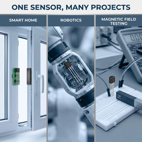 Top Shelf Black Hall Effect Sensors OH49E SS49E Model mounted in smart home and robotics applications for versatile sensing.