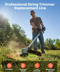 Man using EGO Power Plus string trimmer with twisted trimmer line in outdoor setting with sunlight.