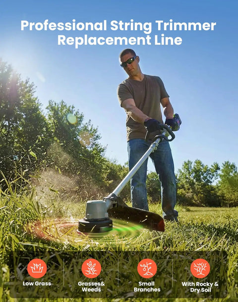 Man using EGO Power Plus string trimmer with twisted trimmer line in outdoor setting with sunlight.