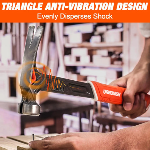 Man using 11oz Titanium Framing Hammer With Straight Rip Claw And Smooth Face Magnetic Nail Holder, soft grip shown.