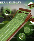 Pro Grade Indoor Outdoor Golf Putting Mat With Automatic Ball Return System showing wrinkle-free TPR nylon pad and alignment guides