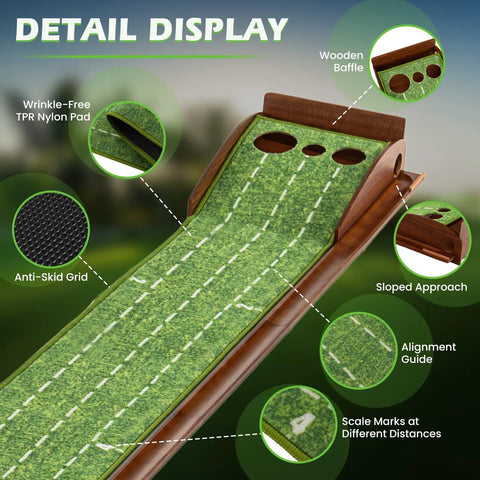 Pro Grade Indoor Outdoor Golf Putting Mat With Automatic Ball Return System showing wrinkle-free TPR nylon pad and alignment guides