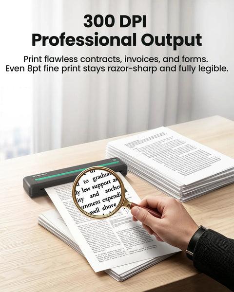 Super Slick Portable Wireless Thermal Printer Zero Hassle 300 Dpi Resolution Prints On Phones And Laptops Big Time Travel Essential For Quick Documents Anywhere In Matte Black Layout on a desk printing documents.